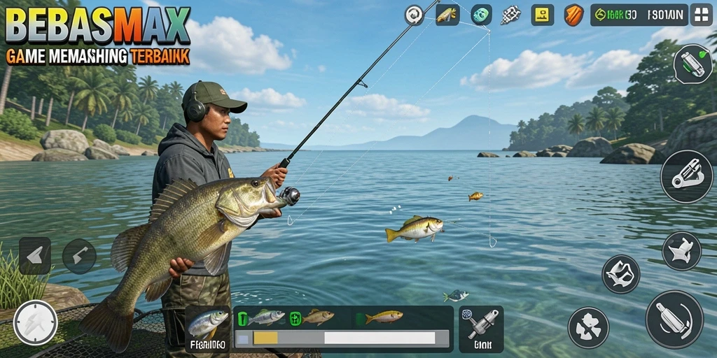 Tampilan gameplay BEBASMAX dengan suasana memancing yang realistis.