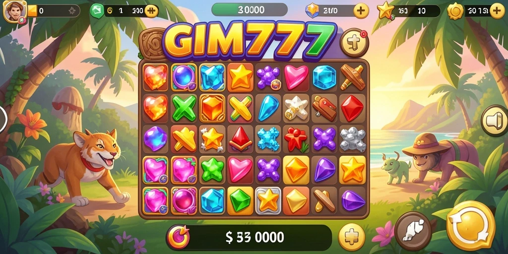 Screenshot GIM777 menunjukkan gameplay match-3 yang seru.