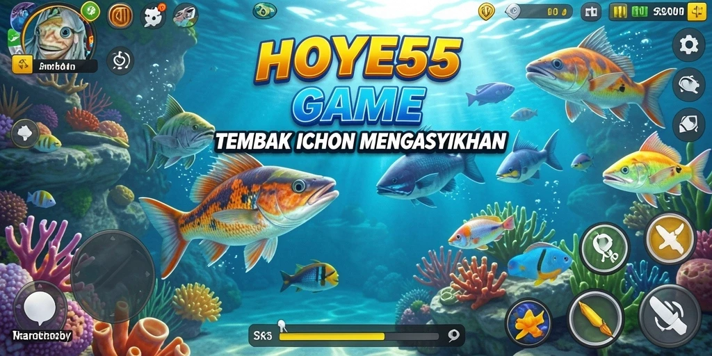 Screenshot HOYE55 menunjukkan momen seru menembak ikan di lautan.