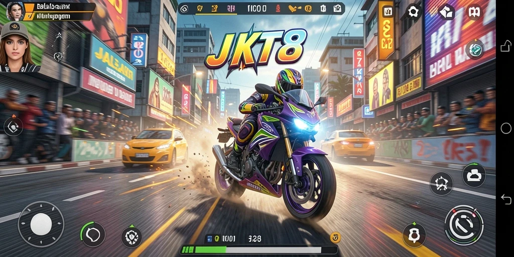 Gameplay JKT8 menampilkan balapan motor yang seru.