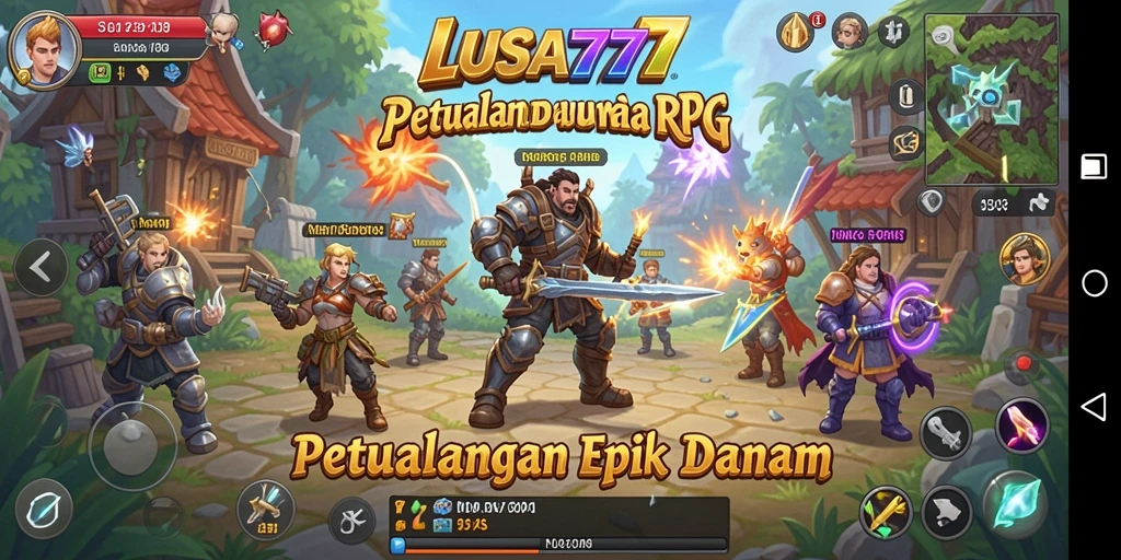 Screenshot gameplay LUSA777 menampilkan pertarungan epik di dunia fantasi.