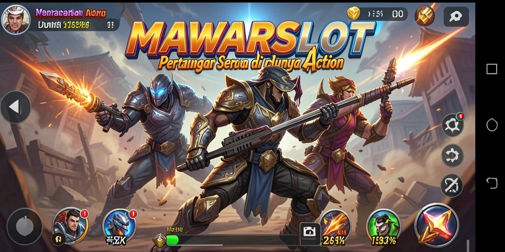 Screenshot utama MAWARSLOT menampilkan aksi pertempuran yang intens.