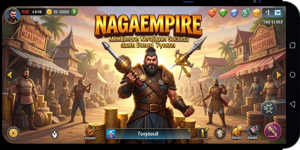Tampilan gameplay menarik dari NAGAEMPIRE dengan berbagai bangunan dan strategi.