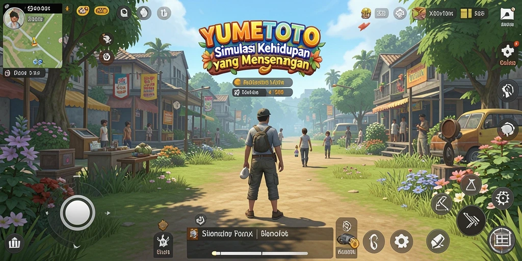 Screenshot menunjukkan karakter sedang berinteraksi di taman dalam YUMETOTO.